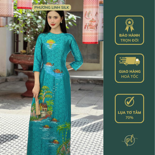 Áo dài lụa áo dài vẽ xanh ngọc vẽ sông nước