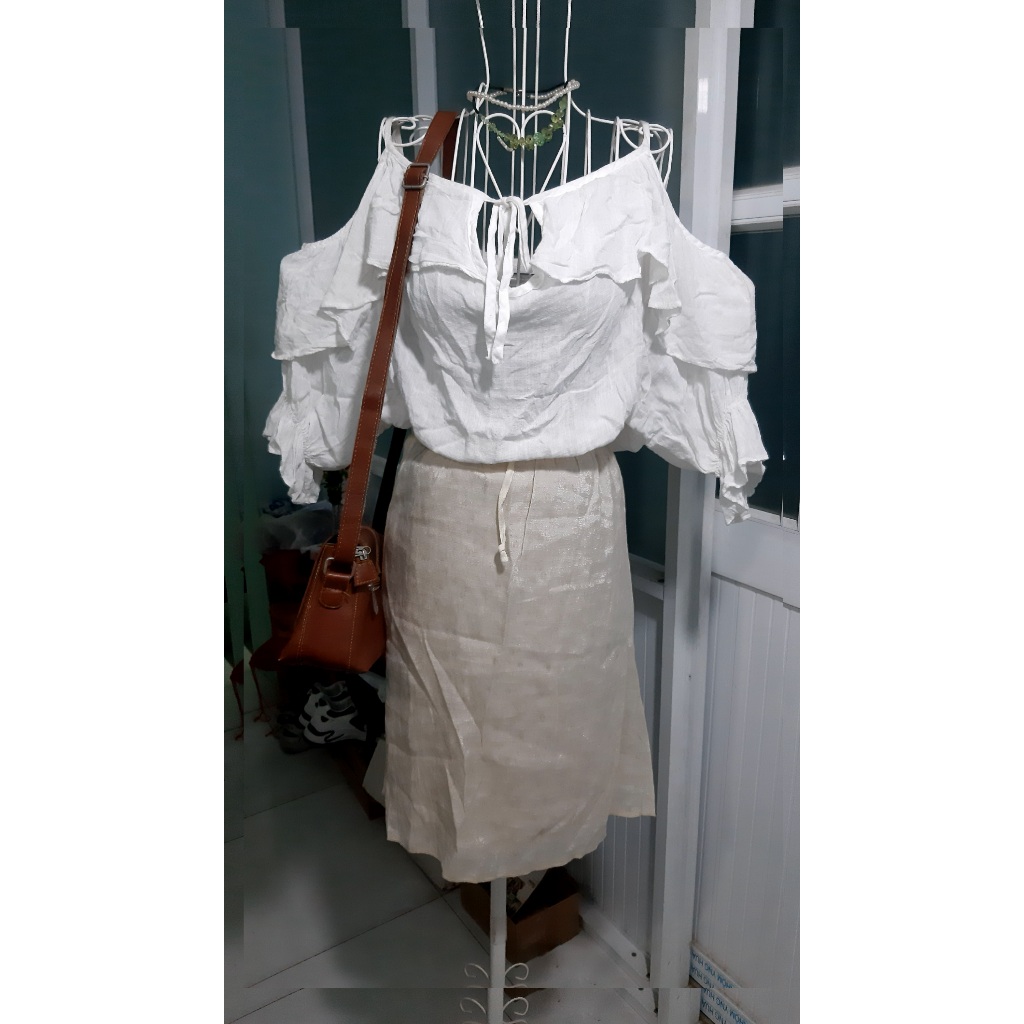 Áo kiểu rớt vai hai dây phối bèo 2hand