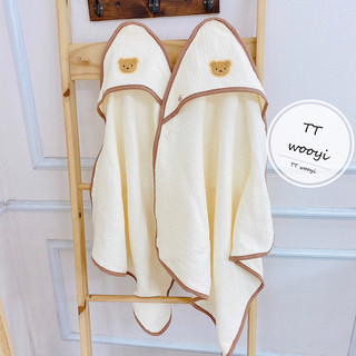 Ủ choàng cho bé sơ sinh - ủ Xô Muslin gắn gấu bông xù Wooyi