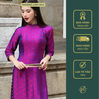 Áo dài lụa áo dài đính cườm cúc xanh hồng