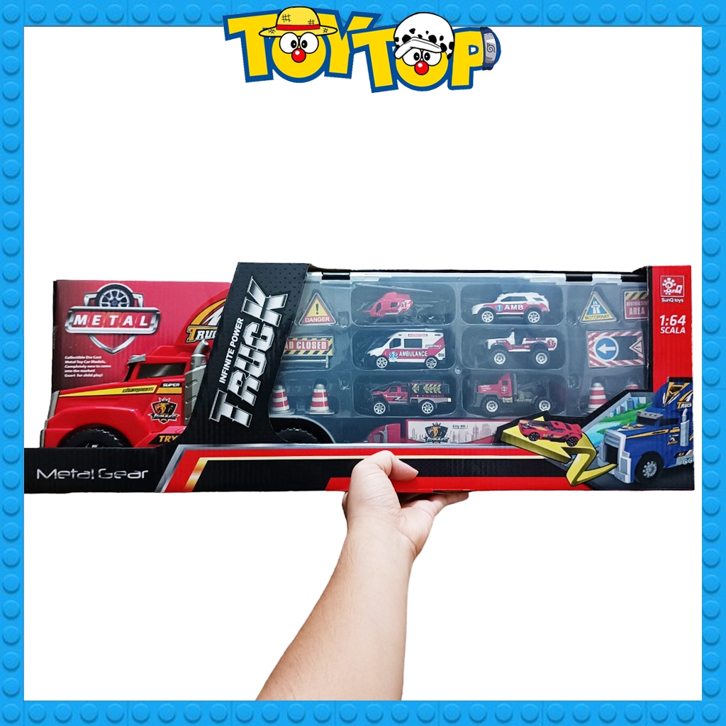 Đồ chơi xe tải cỡ lớn 56cm chở xe con nhiều ngăn trưng bày oto kèm các phương tiện ô tô mini cứu hộ mô hình biển báo