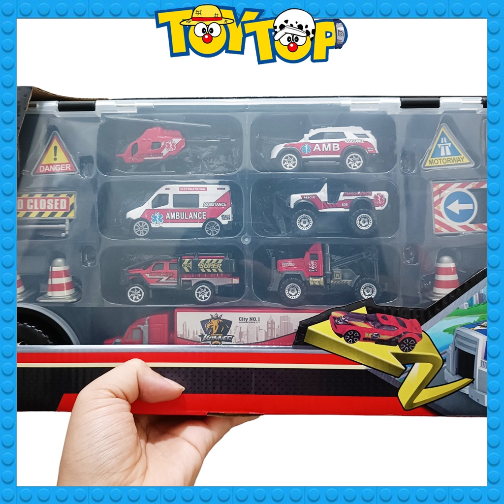 Đồ chơi xe tải cỡ lớn 56cm chở xe con nhiều ngăn trưng bày oto kèm các phương tiện ô tô mini cứu hộ mô hình biển báo