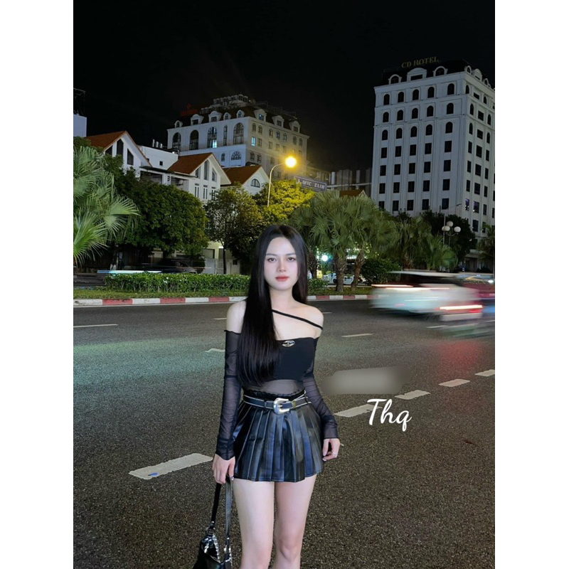 Áo Thun lưới Dài Tay mix Dáng kiểu Khoét Vai Có đệm sẵn
