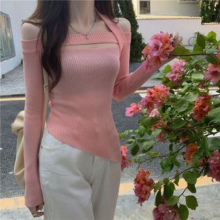 Áo trễ len vai vòng cổ xẻ tà lệch dài tay