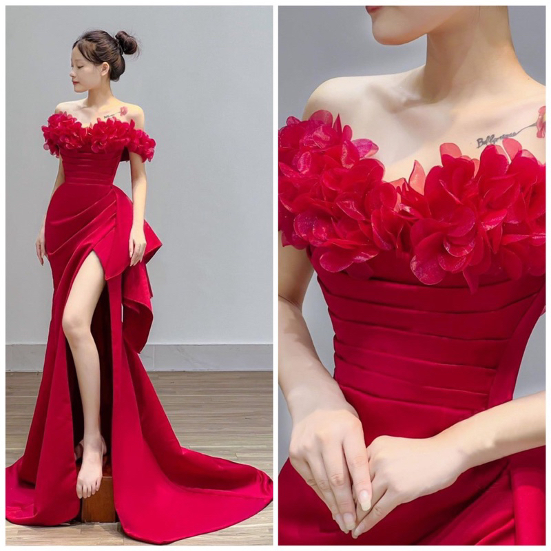 Đầm maxi mặc cưới bẹt vai kết cánh hoa xẻ đùi sang trọng - size S/M/L