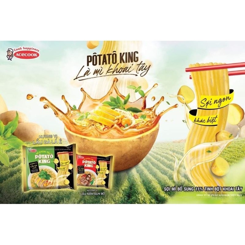 Combo 5 gói mì khoai tây, mì tôm Pôtatoo King vị lẩu gà lá é đặc sản Đà Lạt, hương vị độc đáo gói 85g