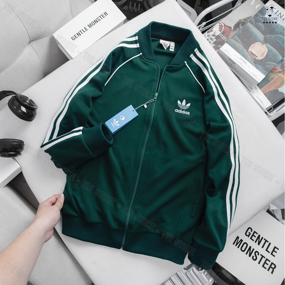 Áo Khoác Bomber Adidas 2 Lớp Thể Thao Nam Vải Thun Nỉ Dày Co Giãn Áo Khoác 3 Sọc kẻ Trắng