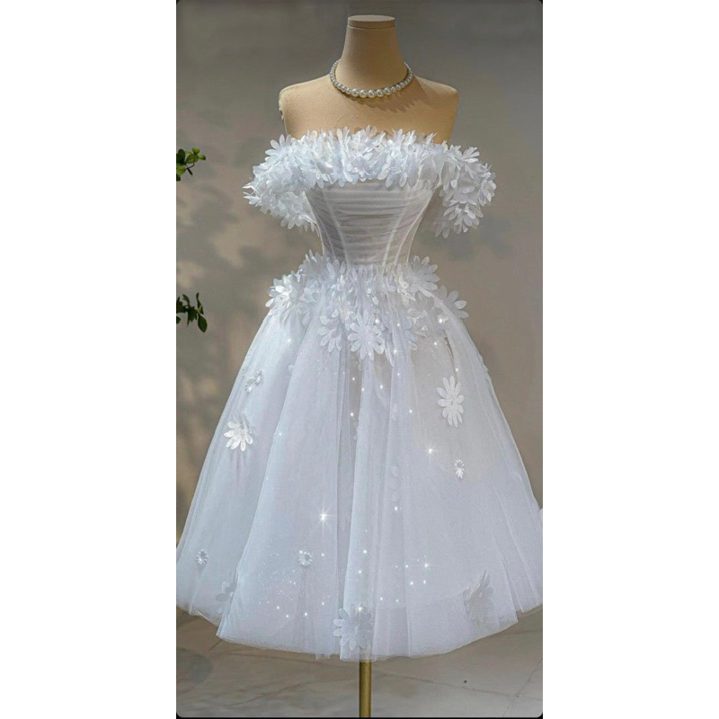 Đầm xoè bẹt vai kết cánh hoa nổi sang trọng dễ thương - size S/M/L