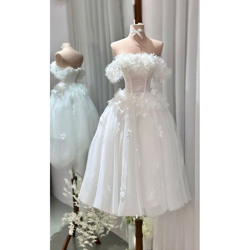 Đầm xoè bẹt vai kết cánh hoa nổi sang trọng dễ thương - size S/M/L