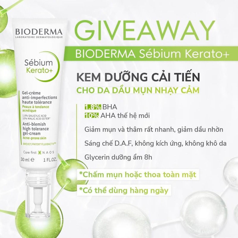 Kem dưỡng Bioderma Kerato+ kiềm dầu ,giảm mụn ẩn ,mụn viê m Dr Linh Hà