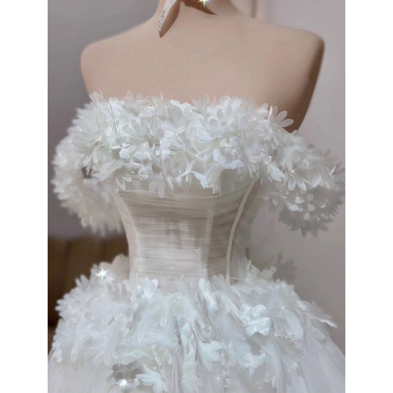 Đầm xoè bẹt vai kết cánh hoa nổi sang trọng dễ thương - size S/M/L