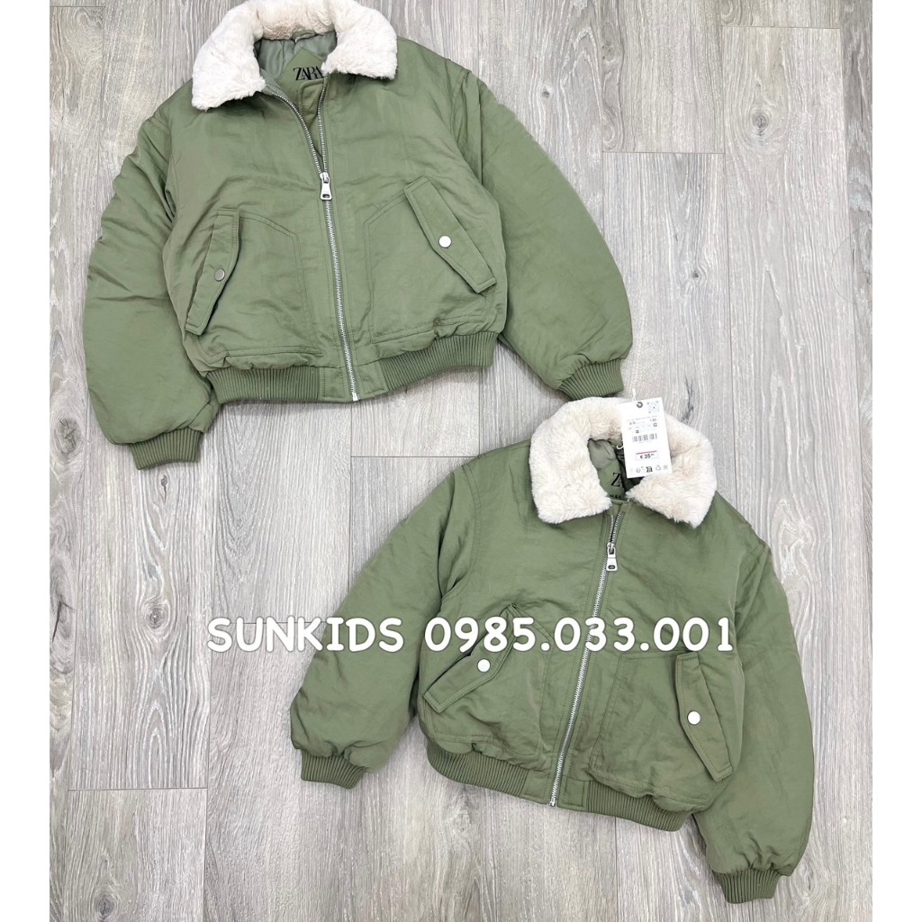 Áo bomber xanh rêu cổ lông