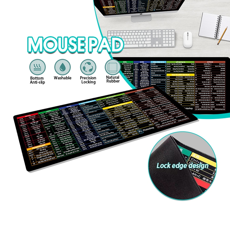 Lót chuột phím tắt phần mềm máy tính cỡ lớn văn phòng, bàn di chuột 80x30cm, pad chuột chuyên game siêu đẹp bền