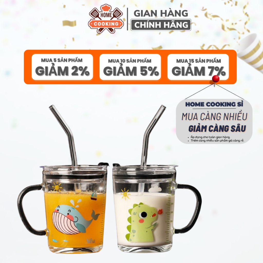 CỐC PHA SỮA THUỶ TINH CHIA VẠCH SIÊU TIỆN LỢI CÓ NẮP VÀ ỐNG HÚT CHO BÉ