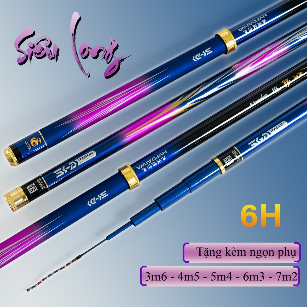 Cần câu tay Siêu Long 6H ngọn 1ly6 từ 3m6 đến 8m1 tặng kèm nhẫn và ngọn chính hãng