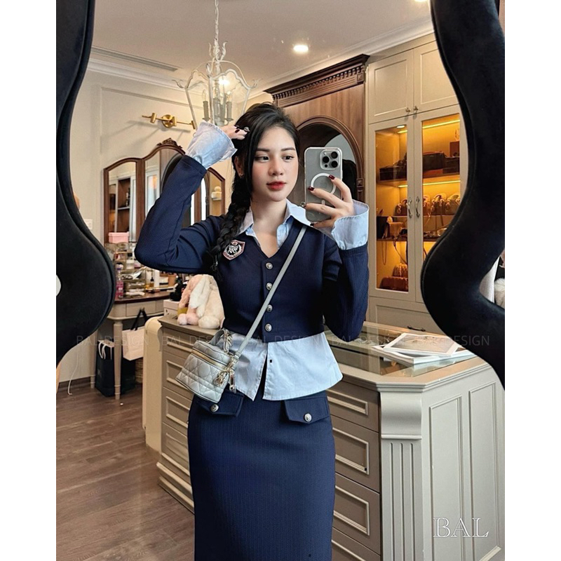 Áo sơ mi pha len kèm chân váy xanh hàng đẹp L1