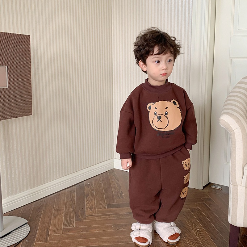 Bộ nỉ bông quần áo thu đông cho bé trai bé gái dày dặn hình in gấu dễ thương từ 10 đến 33kg