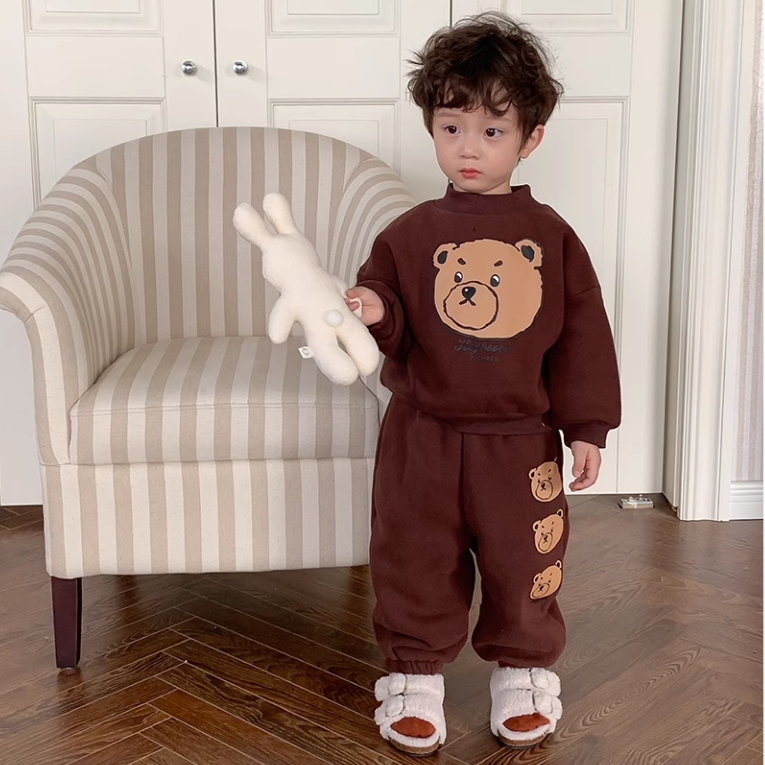 Bộ nỉ bông quần áo thu đông cho bé trai bé gái dày dặn hình in gấu dễ thương từ 10 đến 33kg