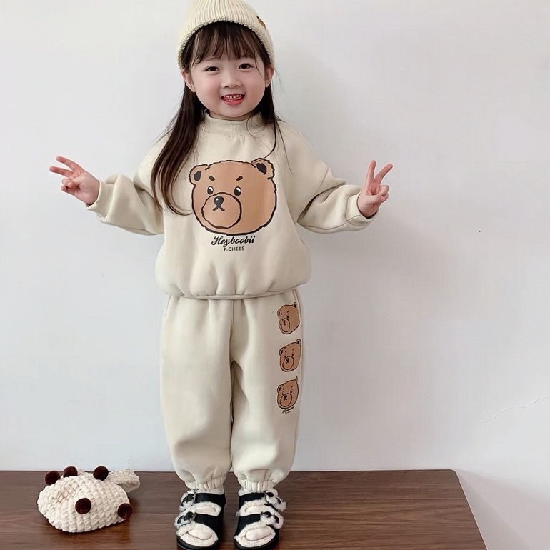 Bộ nỉ bông quần áo thu đông cho bé trai bé gái dày dặn hình in gấu dễ thương từ 10 đến 33kg