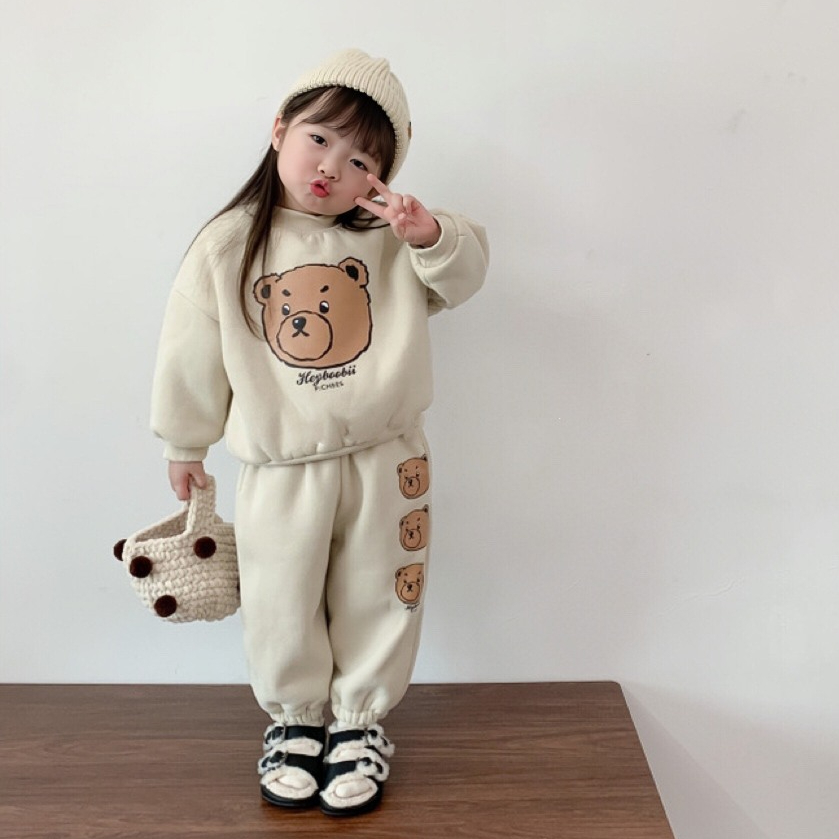 Bộ nỉ bông quần áo thu đông cho bé trai bé gái dày dặn hình in gấu dễ thương từ 10 đến 33kg