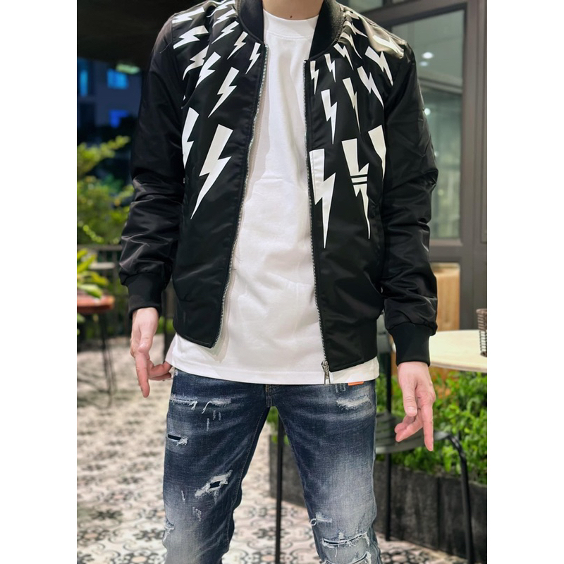 Áo khoác bomber thân áo in tia sét trắng lót gió 2 lớp dày dặn boy phố