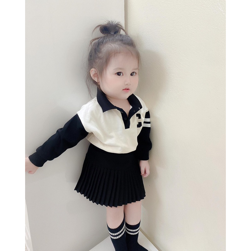 Set Áo Sweater Dệt Kim Cổ Polo Thêu Chữ Phối Chân Váy Xếp Ly Thời Trang Mùa Thu Cho Bé Gái 2023 ChipChil