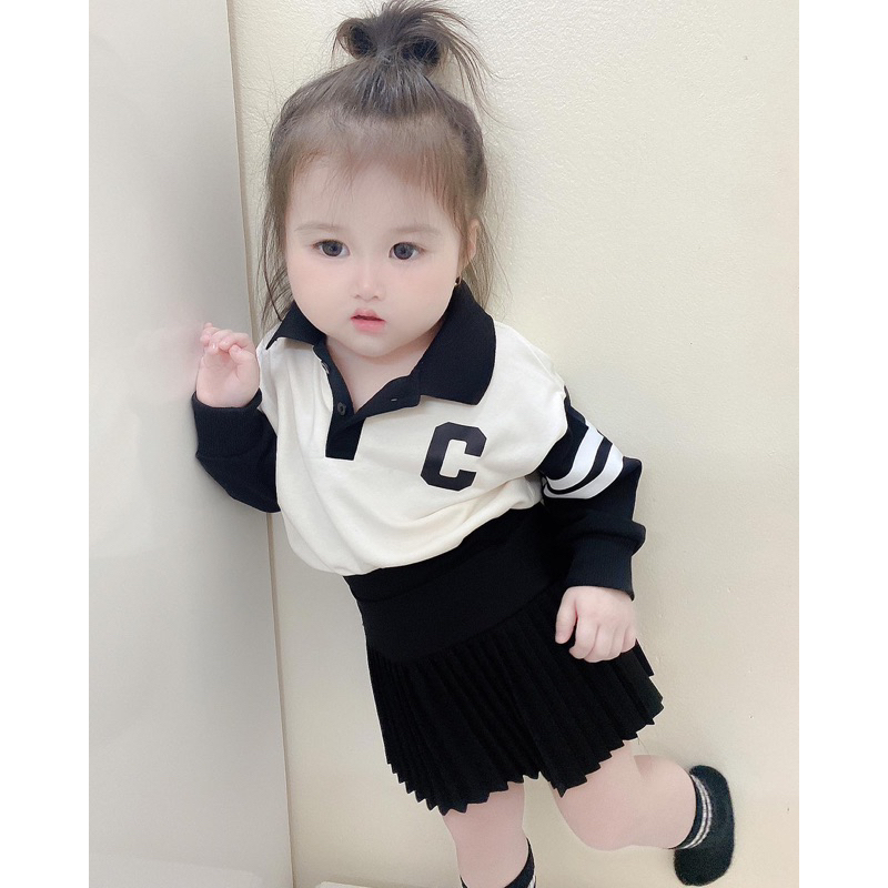 Set Áo Sweater Dệt Kim Cổ Polo Thêu Chữ Phối Chân Váy Xếp Ly Thời Trang Mùa Thu Cho Bé Gái 2023 ChipChil
