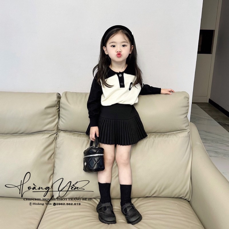 Set Áo Sweater Dệt Kim Cổ Polo Thêu Chữ Phối Chân Váy Xếp Ly Thời Trang Mùa Thu Cho Bé Gái 2023 ChipChil