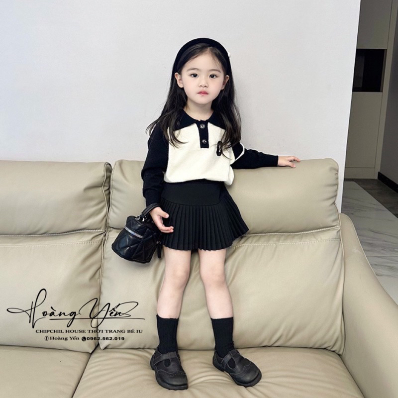 Set Áo Sweater Dệt Kim Cổ Polo Thêu Chữ Phối Chân Váy Xếp Ly Thời Trang Mùa Thu Cho Bé Gái 2023 ChipChil