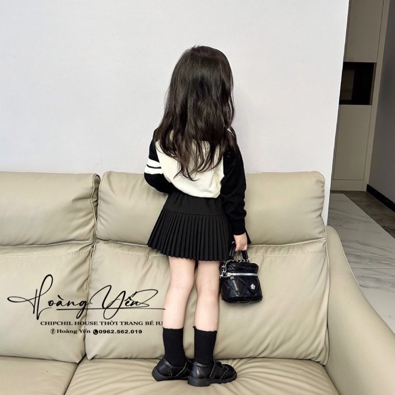 Set Áo Sweater Dệt Kim Cổ Polo Thêu Chữ Phối Chân Váy Xếp Ly Thời Trang Mùa Thu Cho Bé Gái 2023 ChipChil