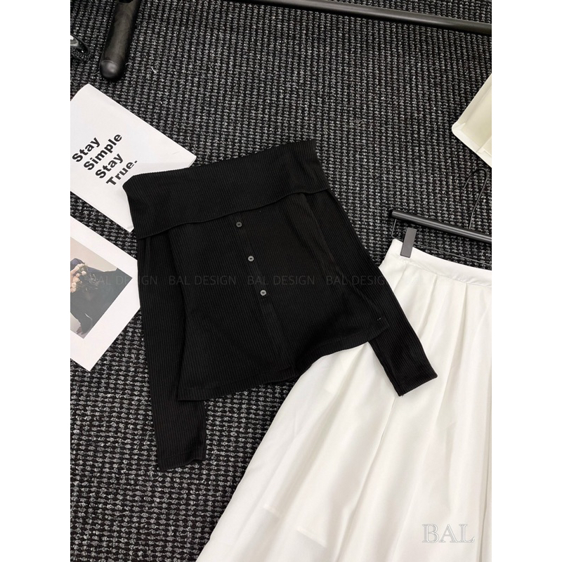 Áo trễ vai len tăm kèm chân váy chữa A hàng L1