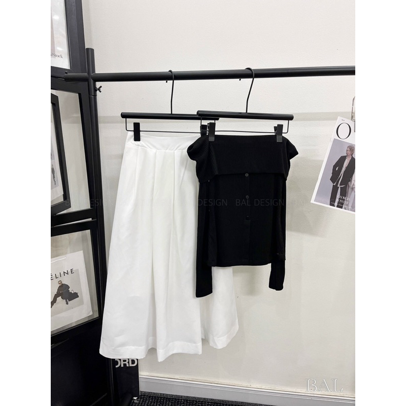 Áo trễ vai len tăm kèm chân váy chữa A hàng L1