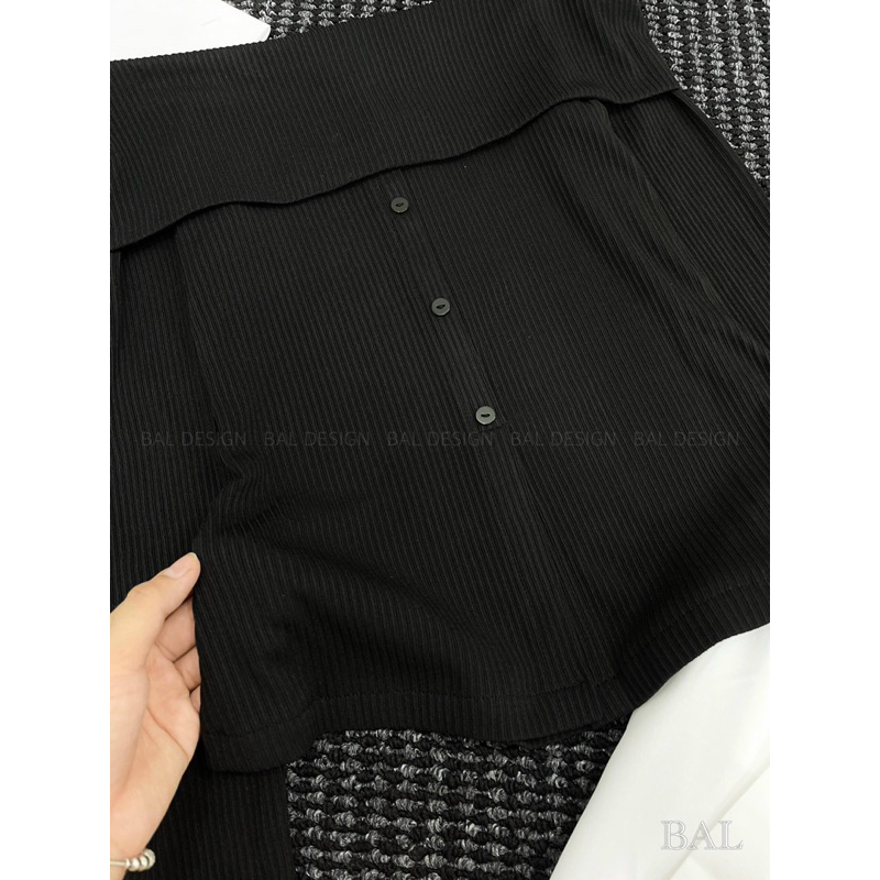 Áo trễ vai len tăm kèm chân váy chữa A hàng L1