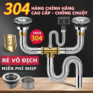 Bộ xifon thoát nước chậu rửa bát inox 304, xi phông inox đơn bồn rửa chén chống chuột, bộ xả inox đôi chậu rửa chén.