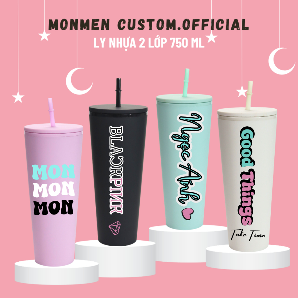 Ly Nước 2 Lớp 750ml Cách Nhiệt, Ly Nhựa Thiết Kế Theo Yêu Cầu, Màu Pastel Chống Trơn, BPA Free Kèm Ống Hút Màu Và Cọ Rửa