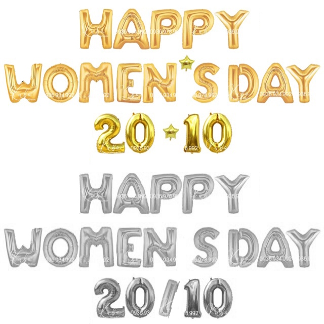 Set bóng chữ Happy Women's Day 20-10 màu vàng , màu bạc trang trí tường ngày Phụ nữ Việt Nam