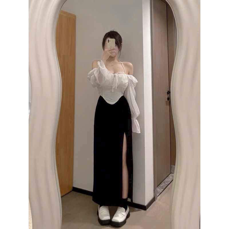 (SHOP BIGSIZE NỮ 50KG ĐẾN 90KG ) set áo phối váy xẻ đùi