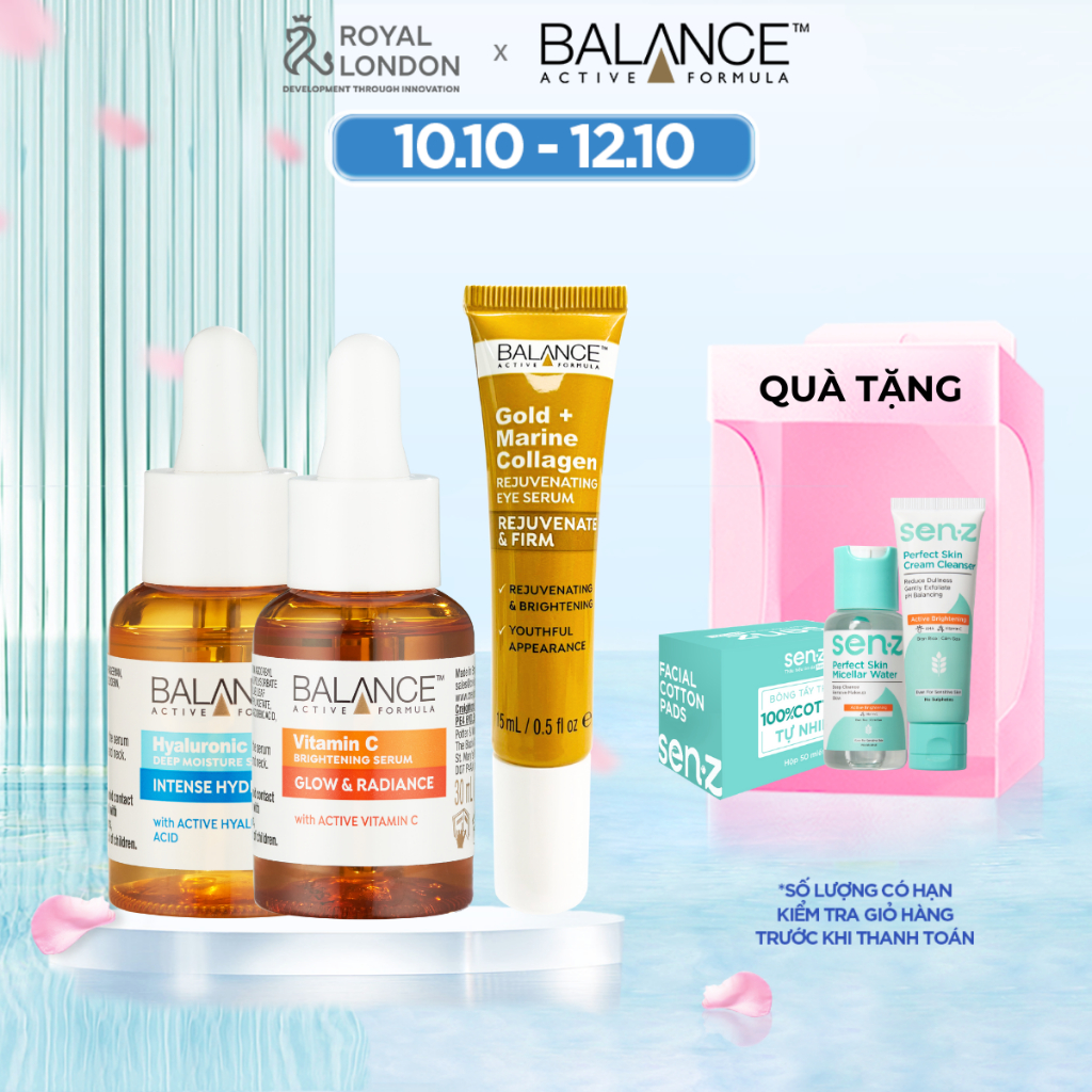 Combo Balance toàn diện Serum Vitamin C 30ml + Serum Hyaluronic 30ml + Kem mắt Gold Collagen 15ml