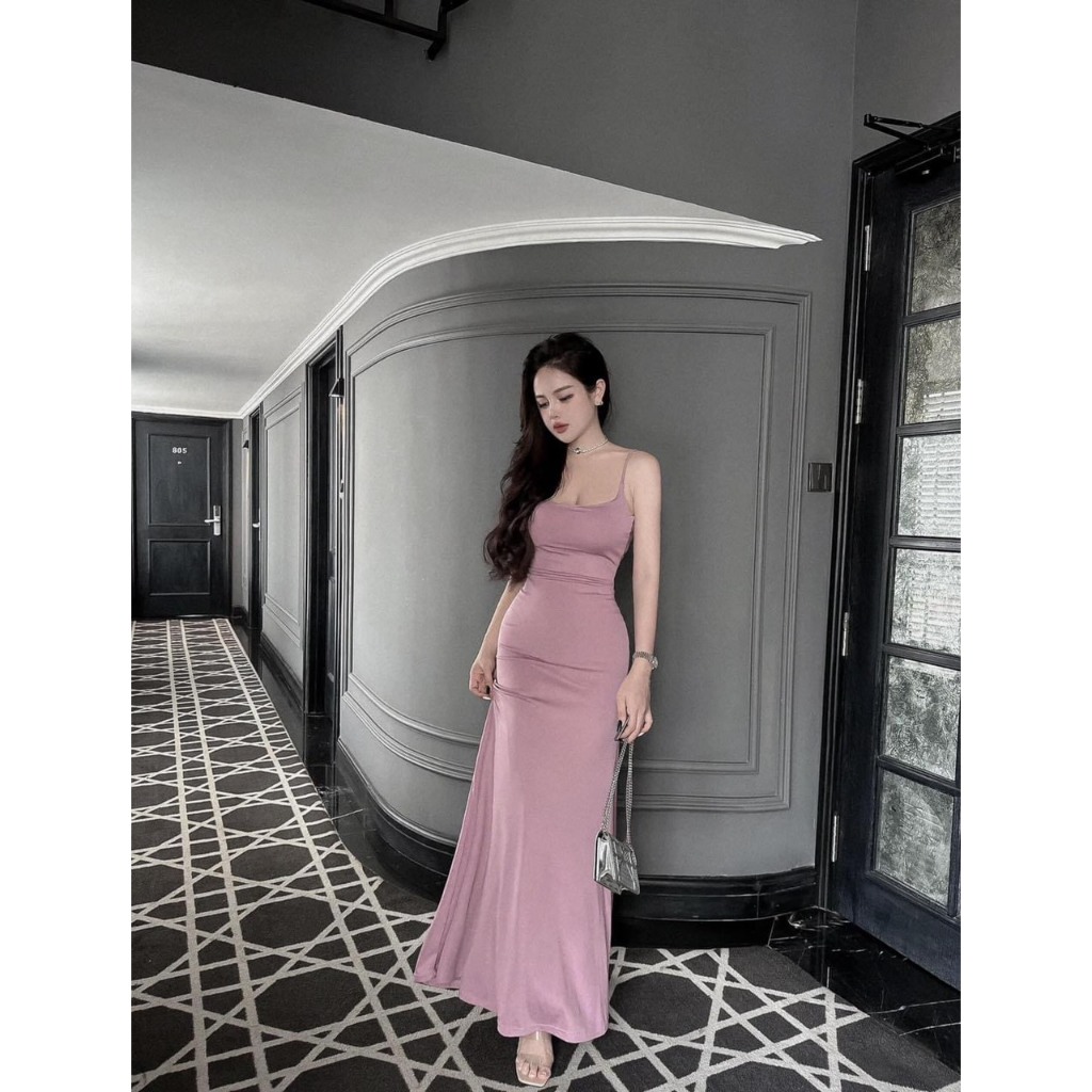 Đầm body thun dẻo đuôi xòe lưng đang dây ảnh thật sản phẩm