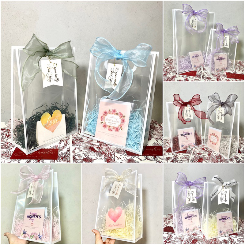 Túi đựng quà tặng nhựa PP trong suốt + rơm + nơ + tag + thiệp