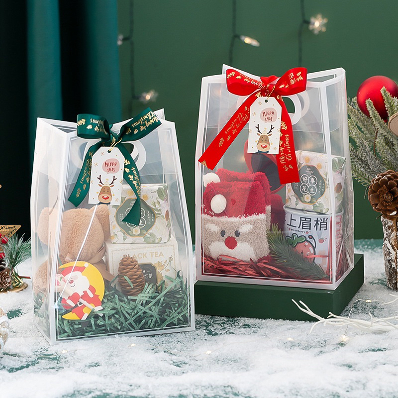 Túi đựng quà tặng nhựa PP trong suốt + rơm + nơ + tag + thiệp