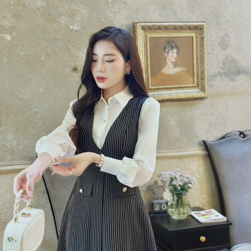 Đầm Thiết Kế MAY PS51 Màu Đen Phối Kẻ - Váy Thiết Kế Sang Trọng Chuẩn MAY