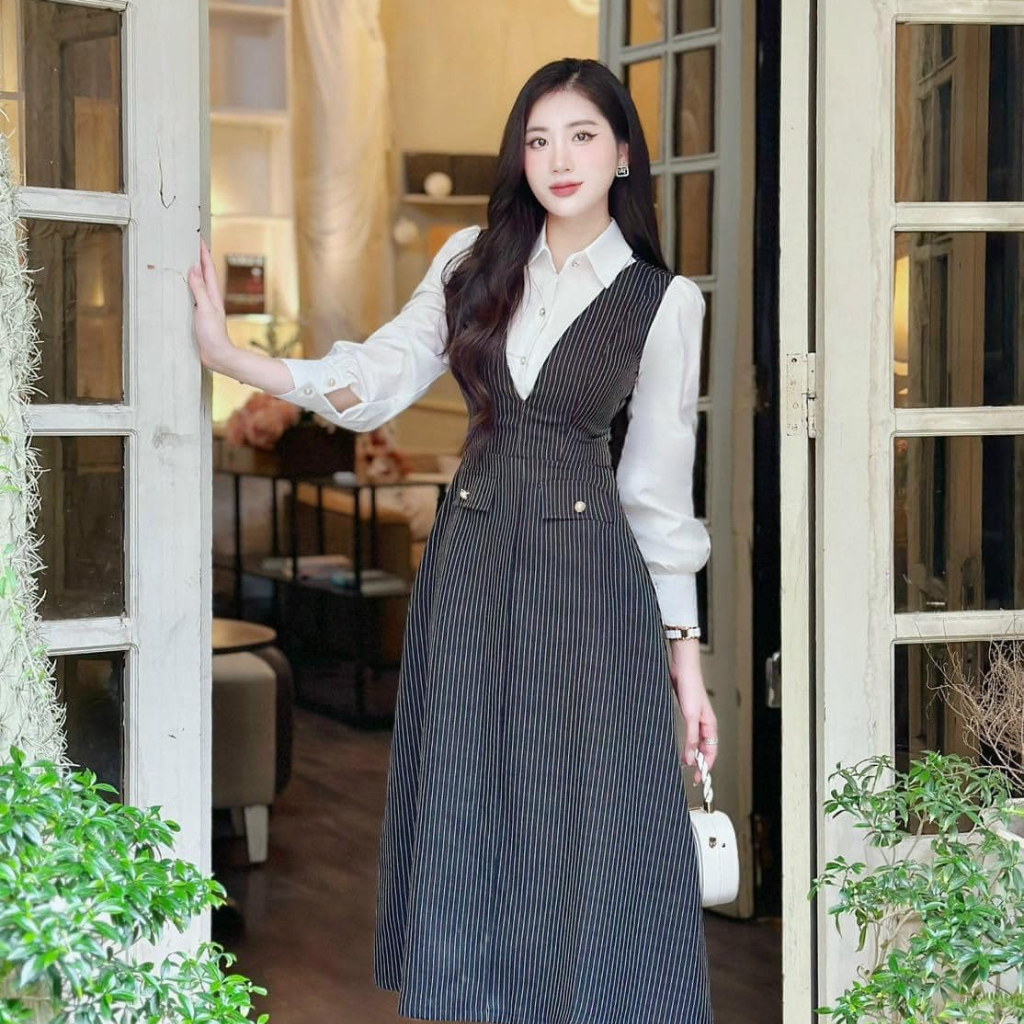 Đầm Thiết Kế MAY PS51 Màu Đen Phối Kẻ - Váy Thiết Kế Sang Trọng Chuẩn MAY