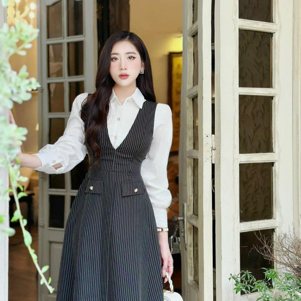 Đầm Thiết Kế MAY PS51 Màu Đen Phối Kẻ - Váy Thiết Kế Sang Trọng Chuẩn MAY