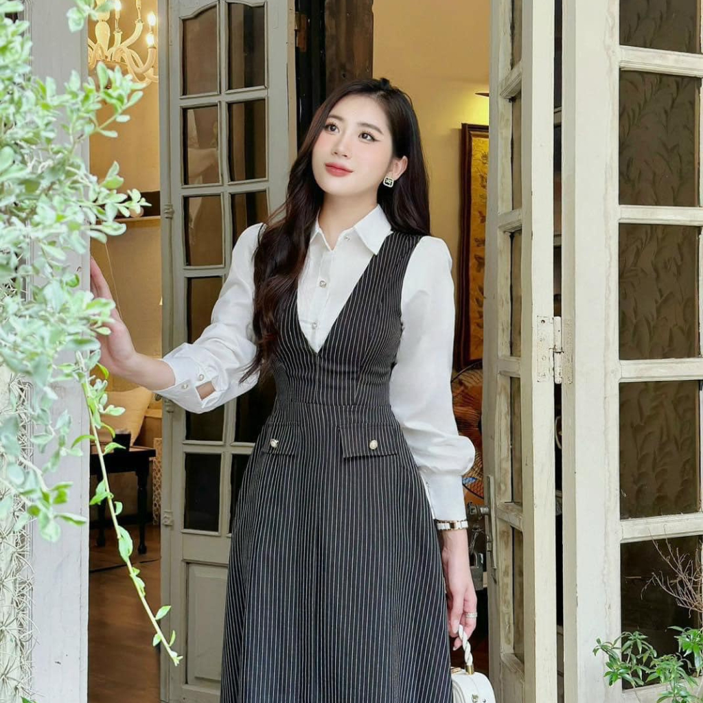 Đầm Thiết Kế MAY PS51 Màu Đen Phối Kẻ - Váy Thiết Kế Sang Trọng Chuẩn MAY