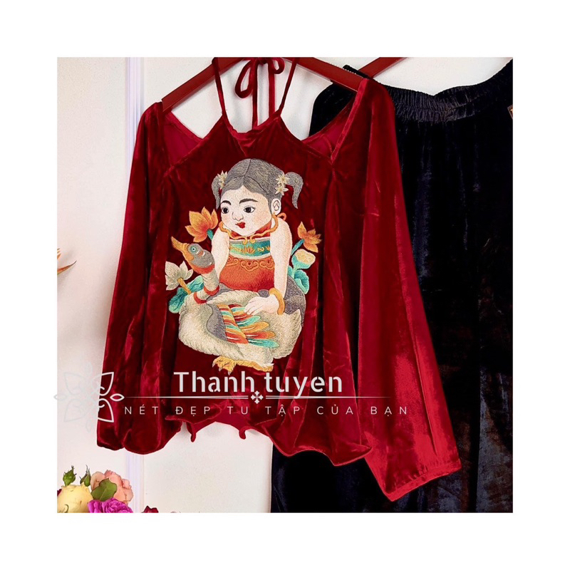 Set bộ nhung the thêu hở vai