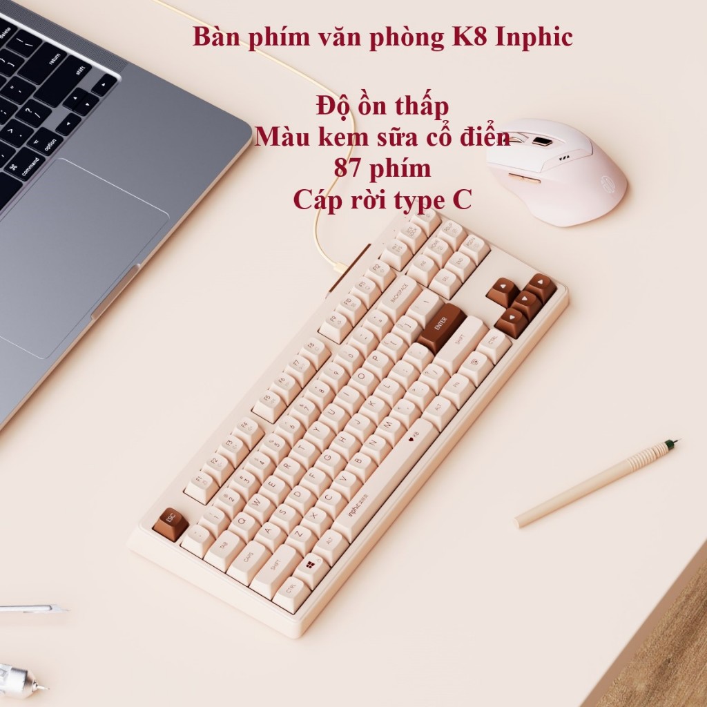 Bàn phím văn phòng K8 Inphic chống ồn kết nối cáp rời type C thiết kế 87 phím đèn led trắng  keycap màu kem cổ điển