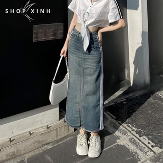 Chân váy bò sọc dọc adidas, chân váy jeans dài chạy sọc dọc shoxinh888888