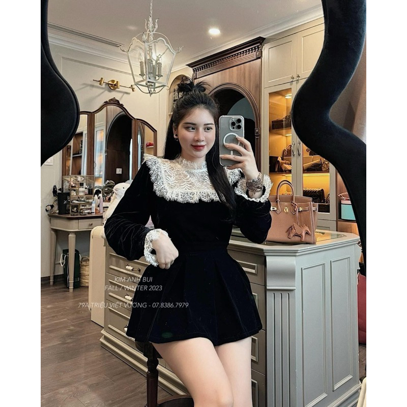 Áo nhung phối ren siêu đẹp và chân váy nhung