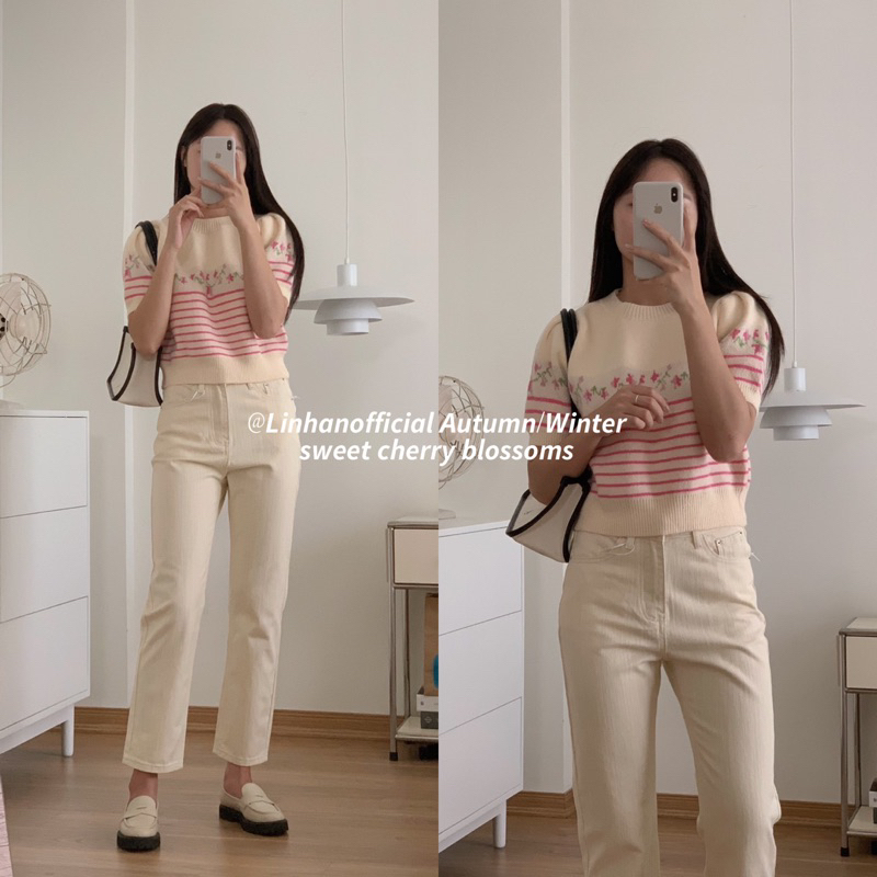 Áo Len kẻ tay cộc thêu hoa STYLEKOREAN 956 // Hàng có sẵn🇰🇷